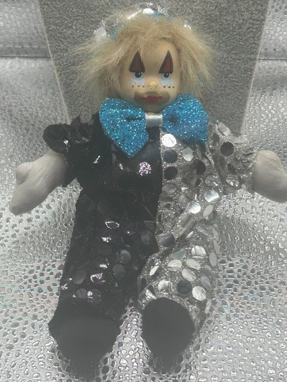 Vintage K's Collection Glass Face Black, Blue and Silver Clown Doll
